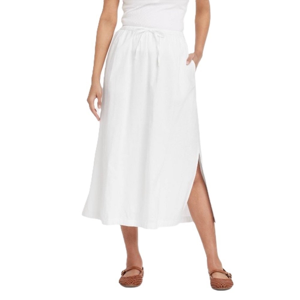 Universal Thread Linen Blend Midi Skirt Womens Large White‎ Side Slit Pocket